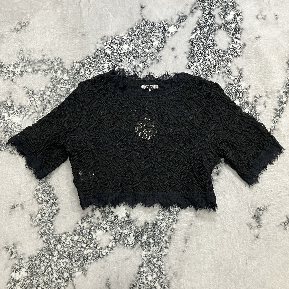 LUXEL Black Lace Crop Top NWT Women's Size L Short Sleeve Sheer Scalloped Hem